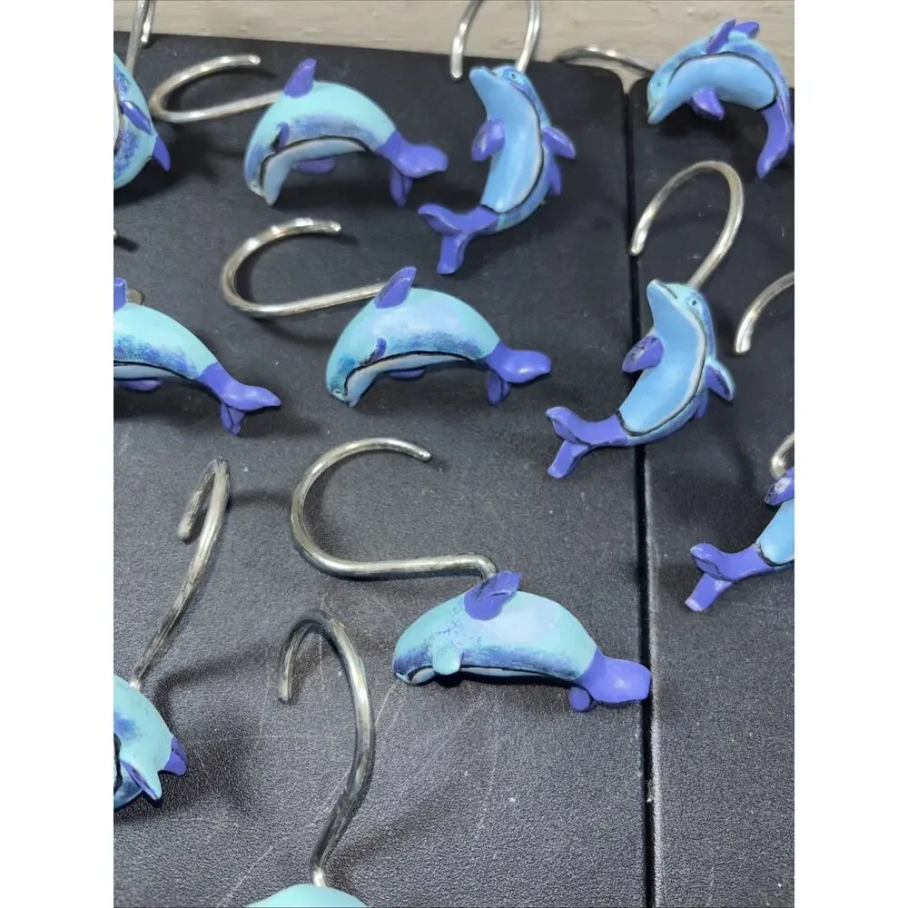 Dolphin Shower Curtain Hooks 12 Resin Whimsical Metal Rings 1 Broken Fin